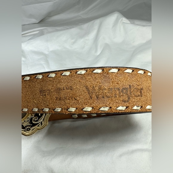Vintage Kennedy half dollar buckle tan Wrangler leather belt tooled size 36 - Picture 5 of 13